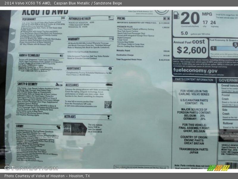  2014 XC60 T6 AWD Window Sticker