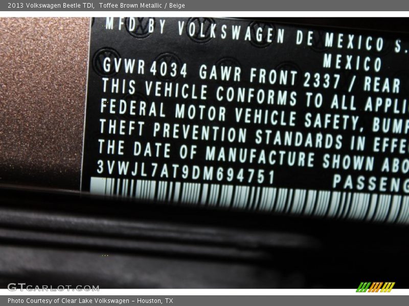 Toffee Brown Metallic / Beige 2013 Volkswagen Beetle TDI