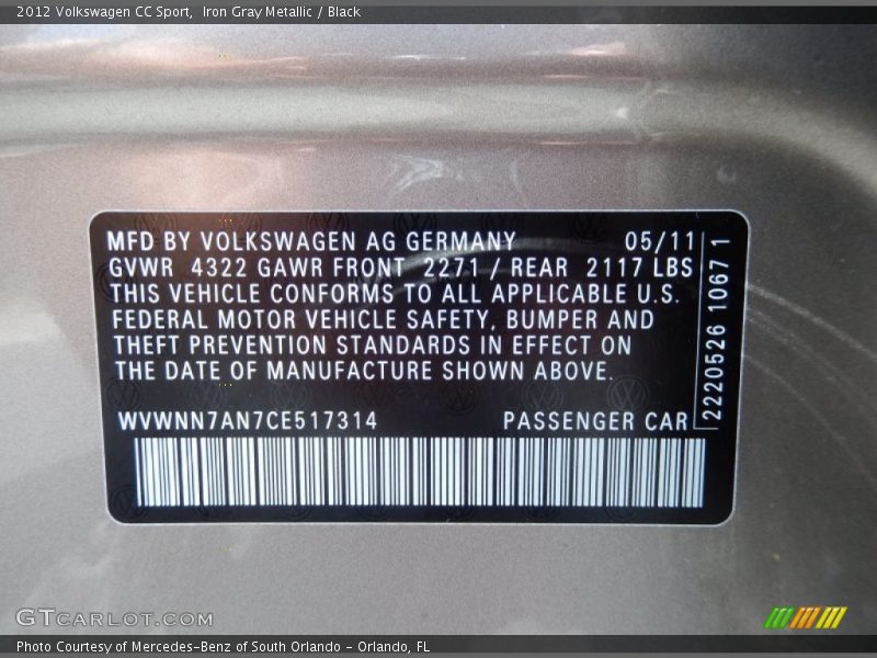 Iron Gray Metallic / Black 2012 Volkswagen CC Sport