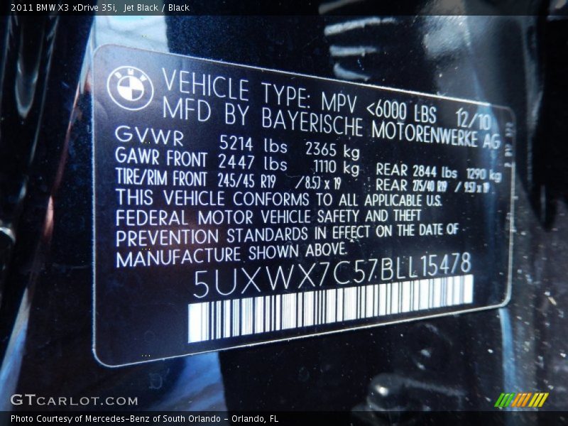 Jet Black / Black 2011 BMW X3 xDrive 35i