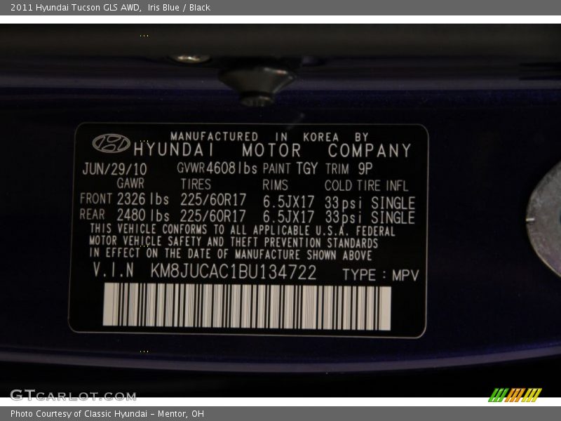 Iris Blue / Black 2011 Hyundai Tucson GLS AWD