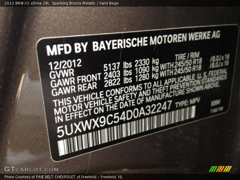 Sparkling Bronze Metallic / Sand Beige 2013 BMW X3 xDrive 28i