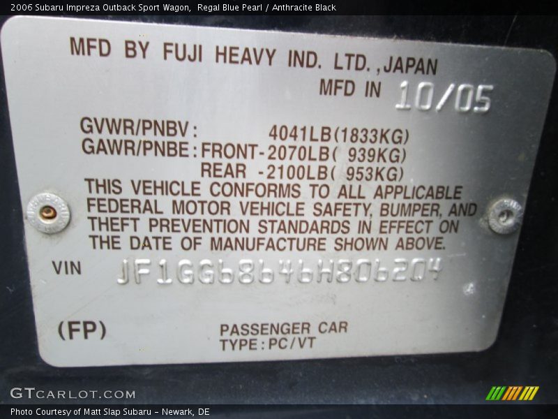 Regal Blue Pearl / Anthracite Black 2006 Subaru Impreza Outback Sport Wagon