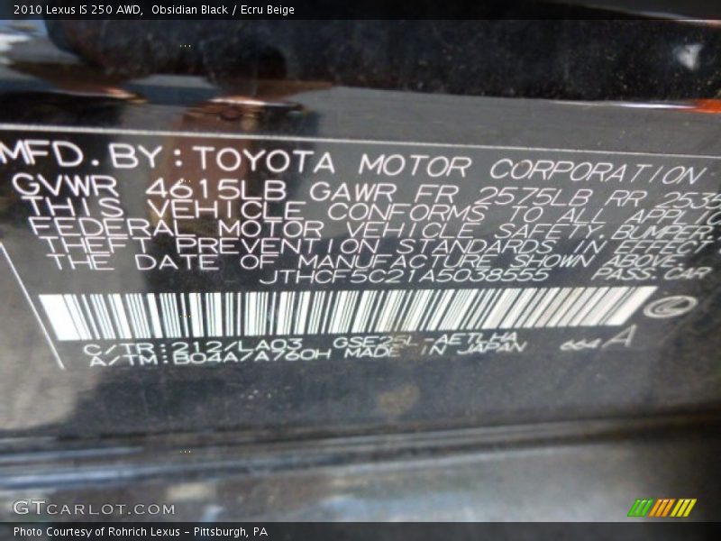 Obsidian Black / Ecru Beige 2010 Lexus IS 250 AWD