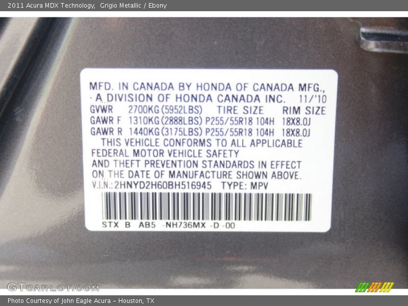 Grigio Metallic / Ebony 2011 Acura MDX Technology