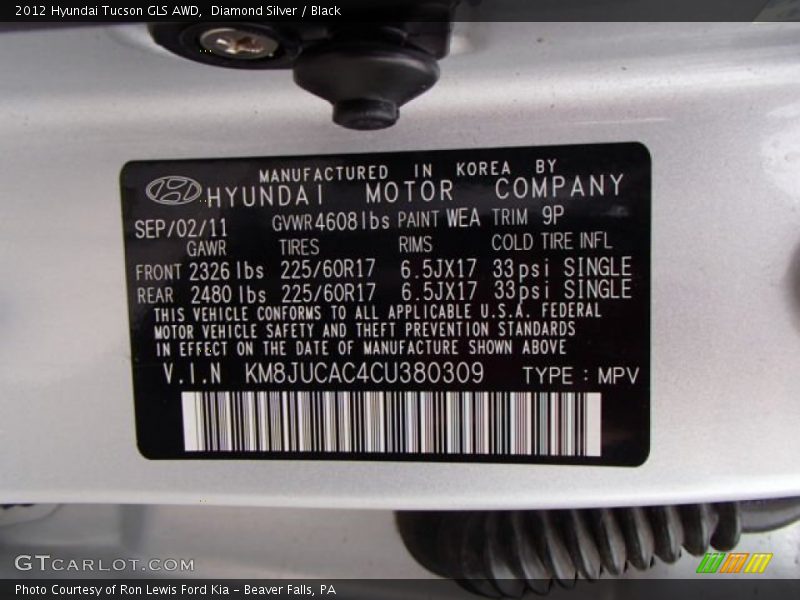 Diamond Silver / Black 2012 Hyundai Tucson GLS AWD