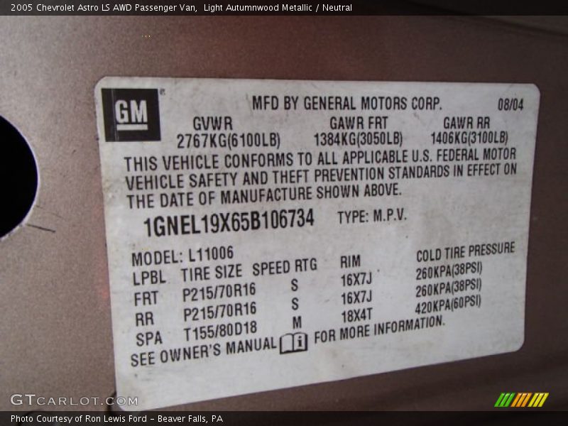 Info Tag of 2005 Astro LS AWD Passenger Van