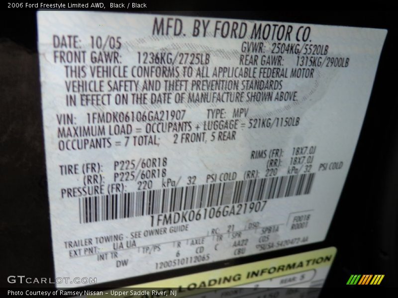 2006 Freestyle Limited AWD Black Color Code UA