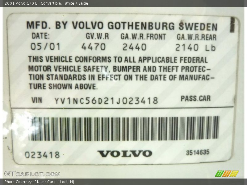 White / Beige 2001 Volvo C70 LT Convertible