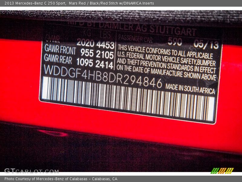 Mars Red / Black/Red Stitch w/DINAMICA Inserts 2013 Mercedes-Benz C 250 Sport