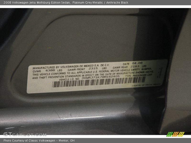 Platinum Grey Metallic / Anthracite Black 2008 Volkswagen Jetta Wolfsburg Edition Sedan
