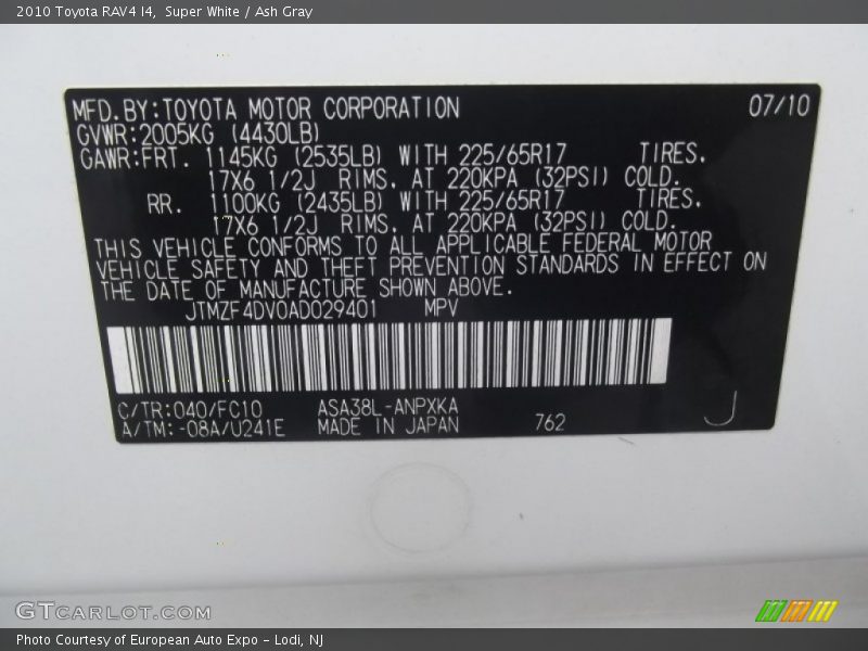 Super White / Ash Gray 2010 Toyota RAV4 I4