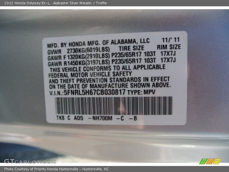 Alabaster Silver Metallic / Truffle 2012 Honda Odyssey EX-L