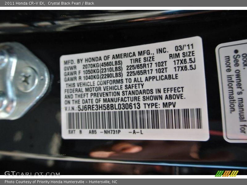 Crystal Black Pearl / Black 2011 Honda CR-V EX