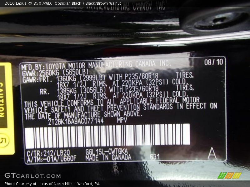 Obsidian Black / Black/Brown Walnut 2010 Lexus RX 350 AWD