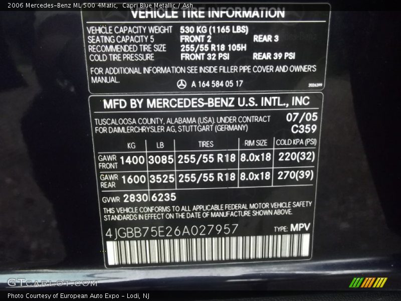 Capri Blue Metallic / Ash 2006 Mercedes-Benz ML 500 4Matic