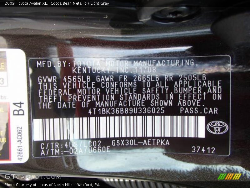 Cocoa Bean Metallic / Light Gray 2009 Toyota Avalon XL