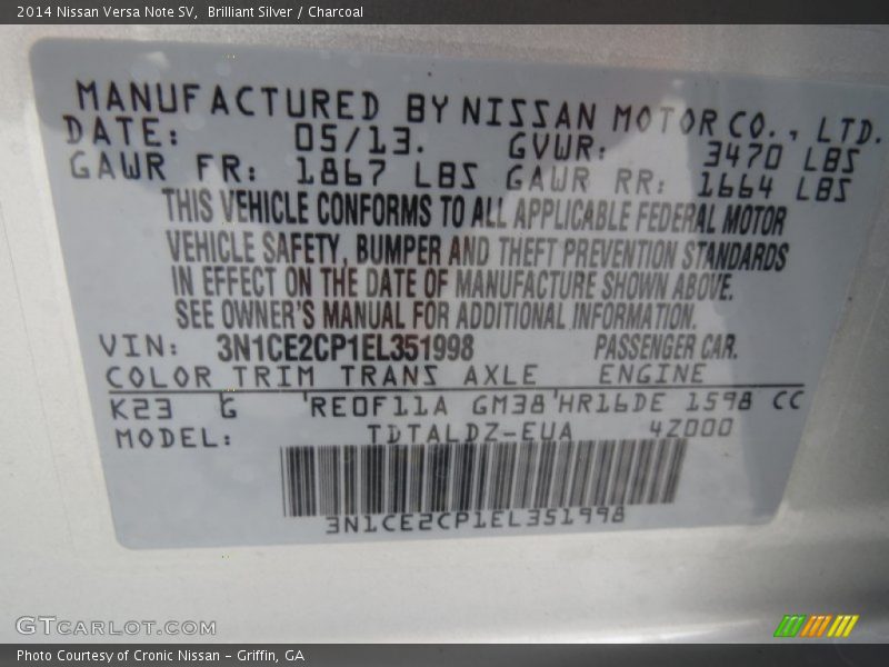 2014 Versa Note SV Brilliant Silver Color Code K23