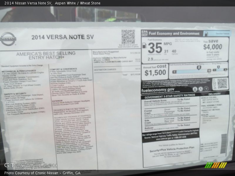  2014 Versa Note SV Window Sticker
