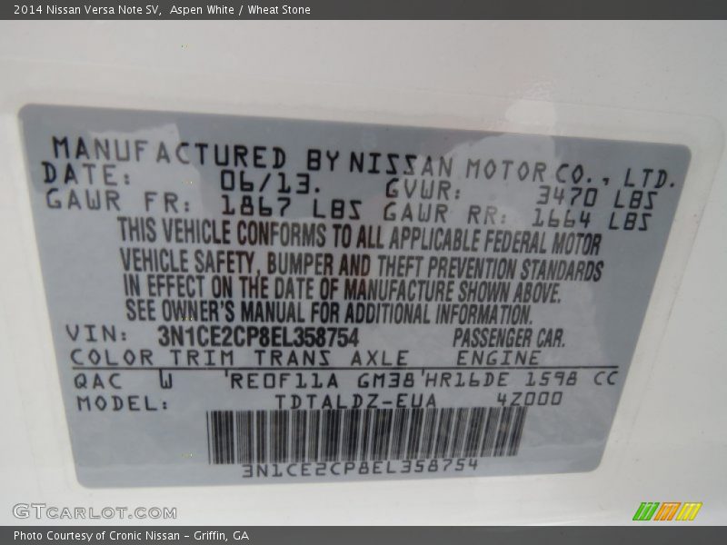 2014 Versa Note SV Aspen White Color Code QAC