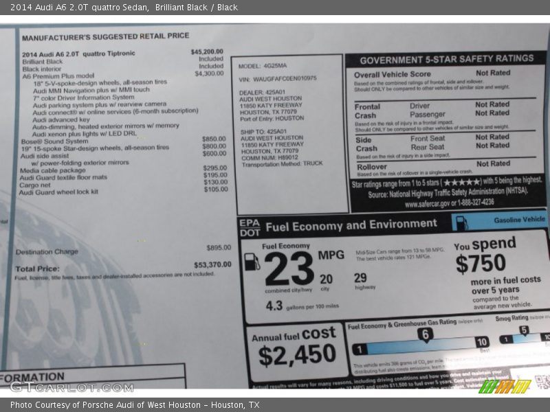  2014 A6 2.0T quattro Sedan Window Sticker