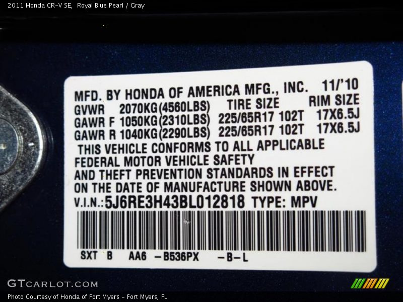 Royal Blue Pearl / Gray 2011 Honda CR-V SE