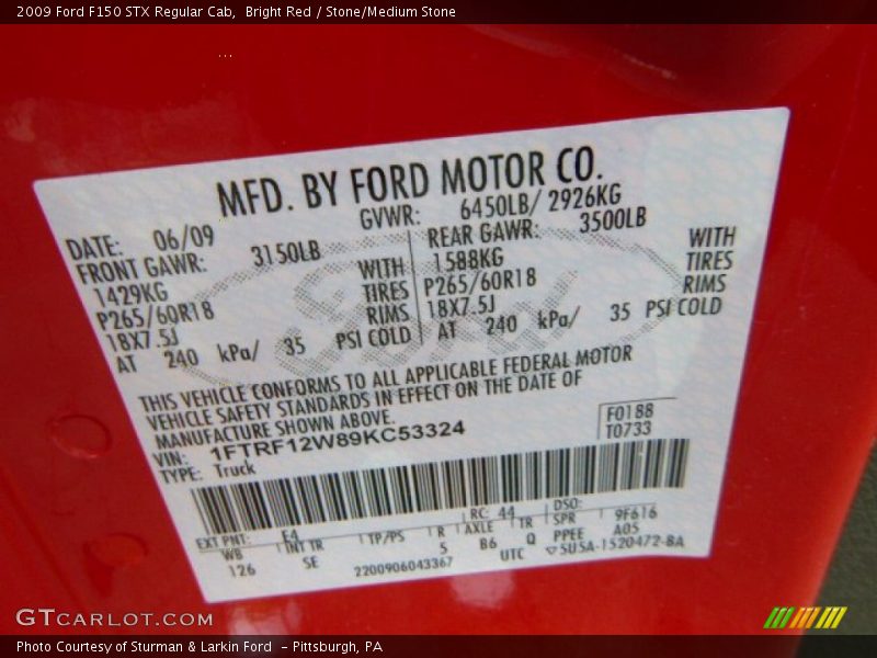 Bright Red / Stone/Medium Stone 2009 Ford F150 STX Regular Cab