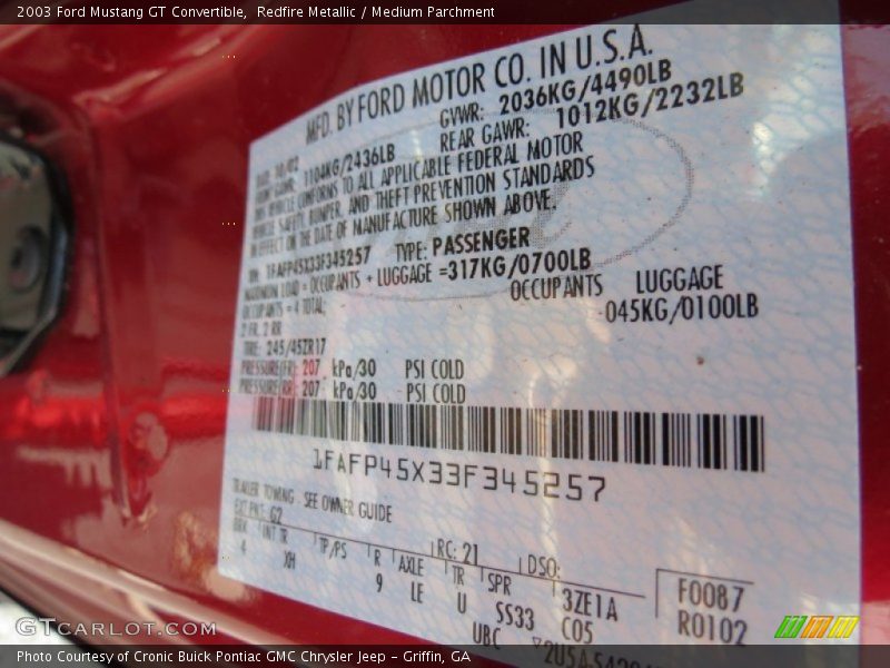 Redfire Metallic / Medium Parchment 2003 Ford Mustang GT Convertible