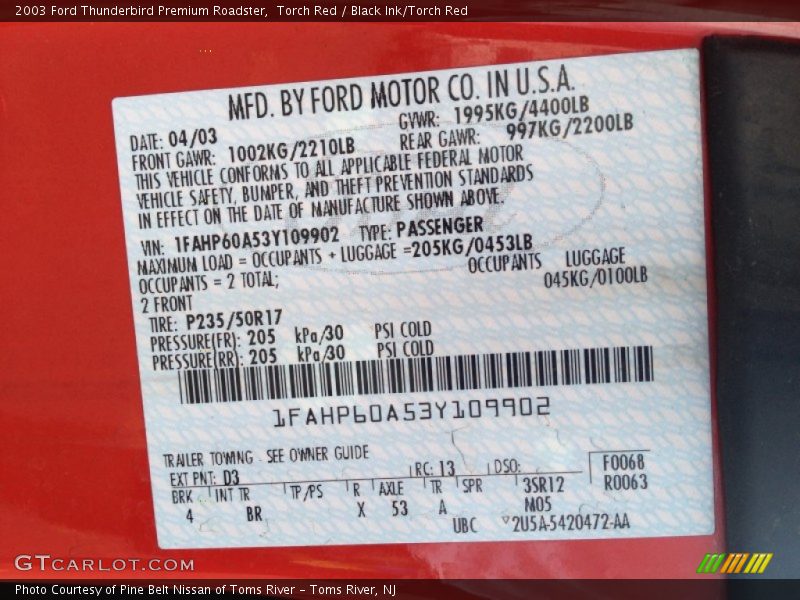 2003 Thunderbird Premium Roadster Torch Red Color Code D3