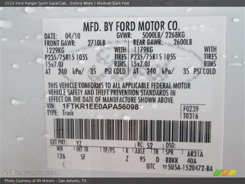 Oxford White / Medium Dark Flint 2010 Ford Ranger Sport SuperCab