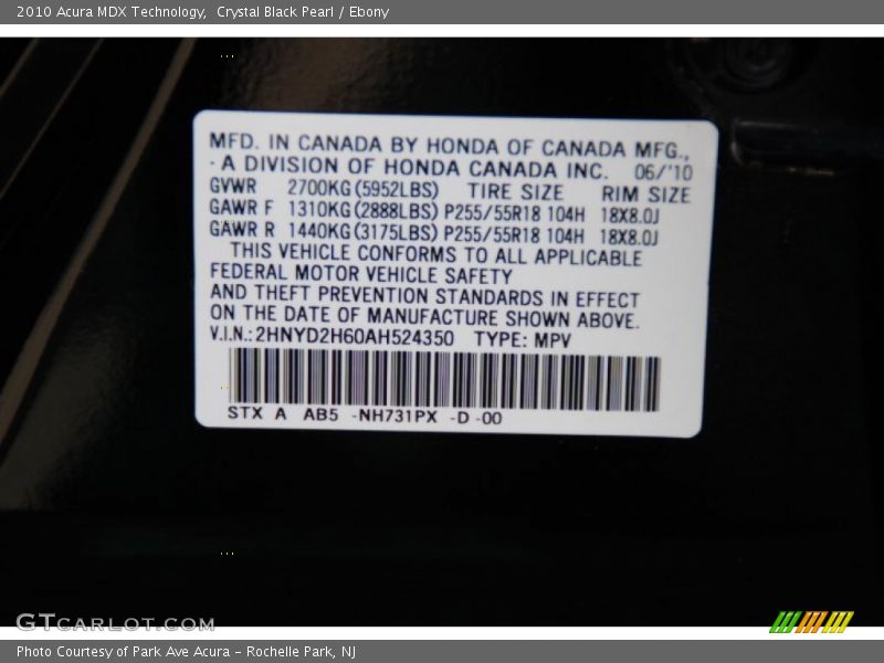 Crystal Black Pearl / Ebony 2010 Acura MDX Technology