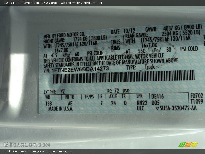 2013 E Series Van E250 Cargo Oxford White Color Code YZ