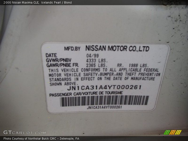 Icelandic Pearl / Blond 2000 Nissan Maxima GLE