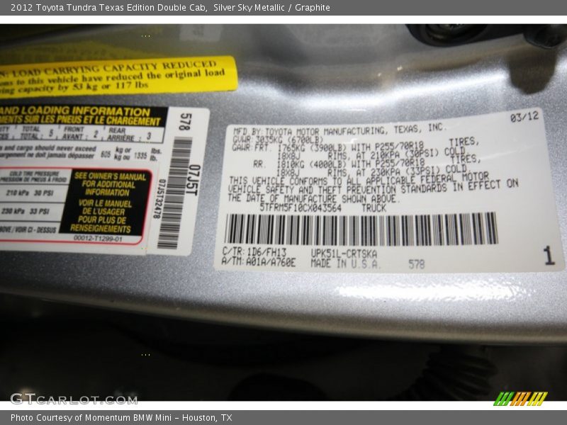 Silver Sky Metallic / Graphite 2012 Toyota Tundra Texas Edition Double Cab