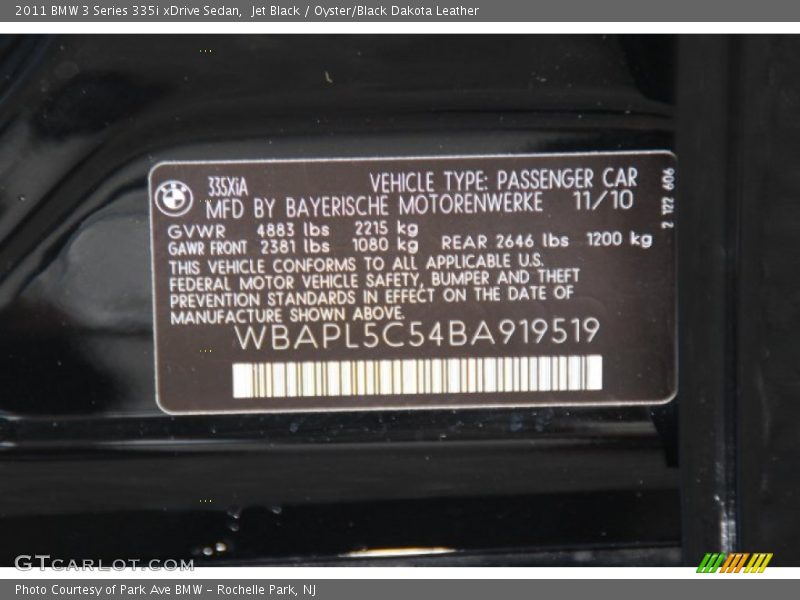 Jet Black / Oyster/Black Dakota Leather 2011 BMW 3 Series 335i xDrive Sedan