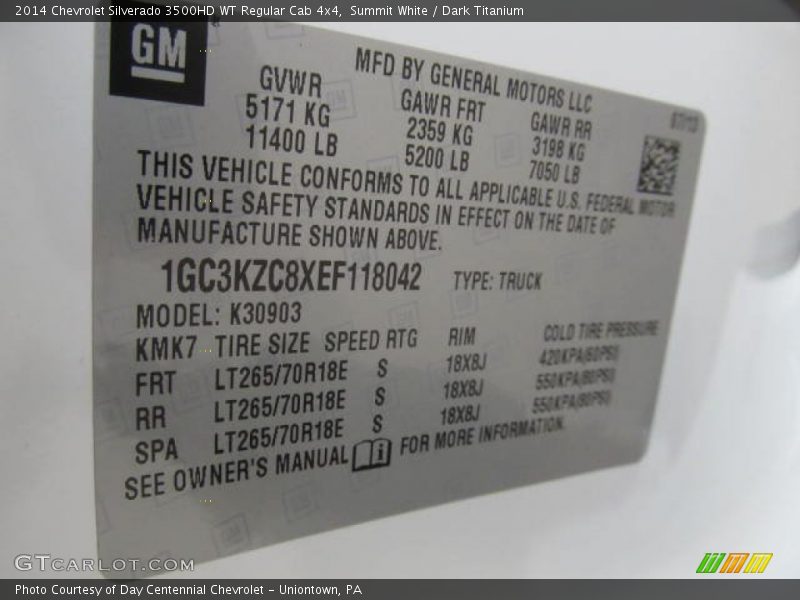 Info Tag of 2014 Silverado 3500HD WT Regular Cab 4x4