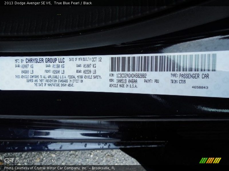 True Blue Pearl / Black 2013 Dodge Avenger SE V6