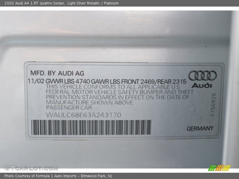 Light Silver Metallic / Platinum 2003 Audi A4 1.8T quattro Sedan