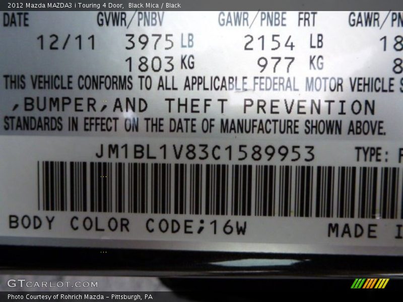 Black Mica / Black 2012 Mazda MAZDA3 i Touring 4 Door