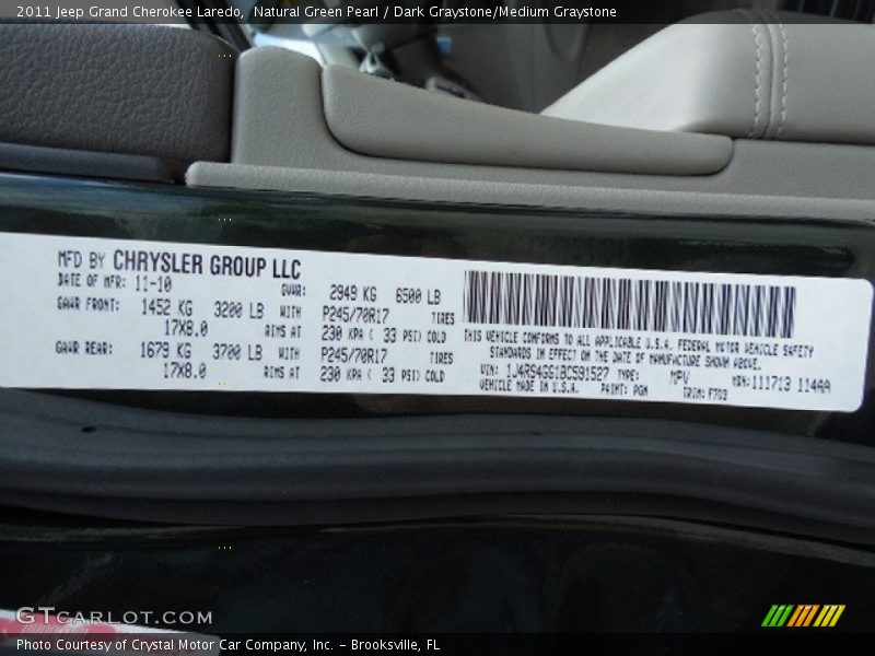 Natural Green Pearl / Dark Graystone/Medium Graystone 2011 Jeep Grand Cherokee Laredo