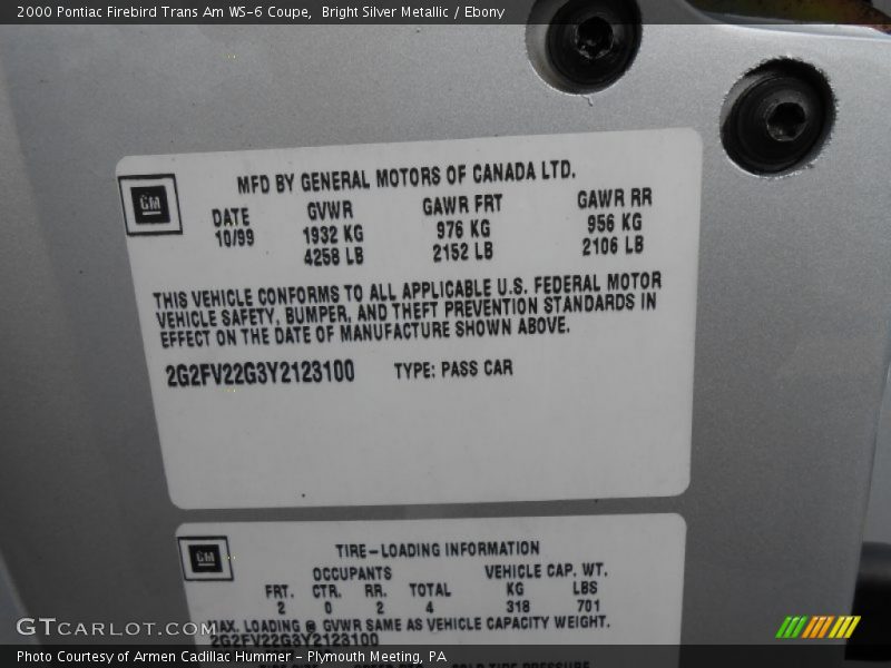 Info Tag of 2000 Firebird Trans Am WS-6 Coupe