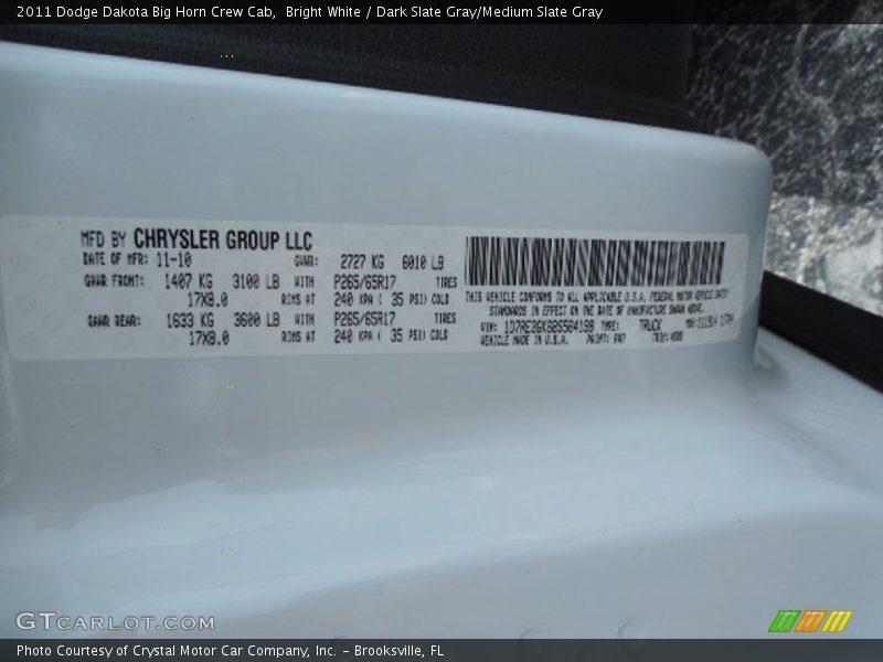 Bright White / Dark Slate Gray/Medium Slate Gray 2011 Dodge Dakota Big Horn Crew Cab