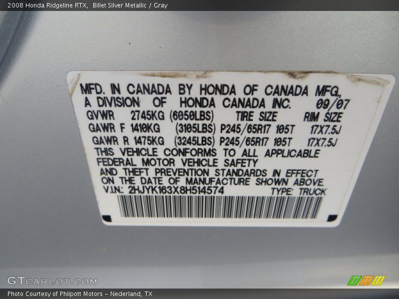 Billet Silver Metallic / Gray 2008 Honda Ridgeline RTX