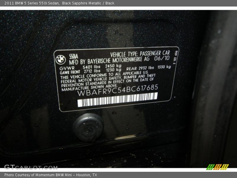 Black Sapphire Metallic / Black 2011 BMW 5 Series 550i Sedan