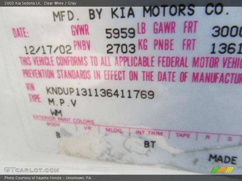 Clear White / Gray 2003 Kia Sedona LX