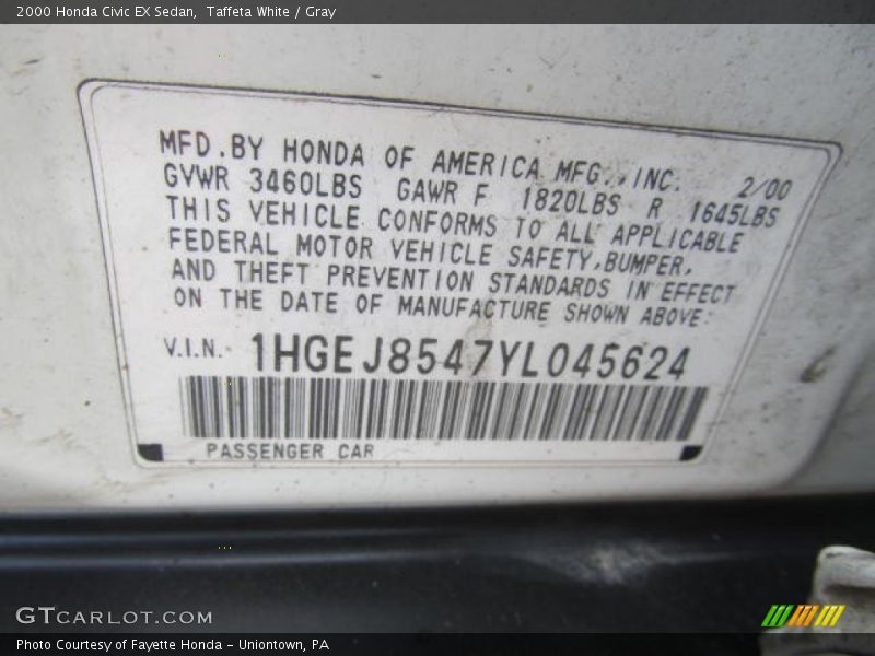 Taffeta White / Gray 2000 Honda Civic EX Sedan