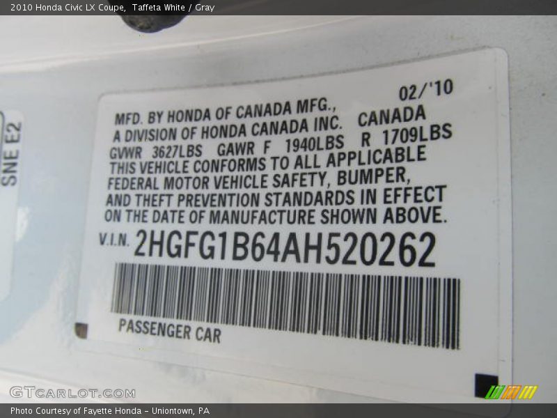 Taffeta White / Gray 2010 Honda Civic LX Coupe