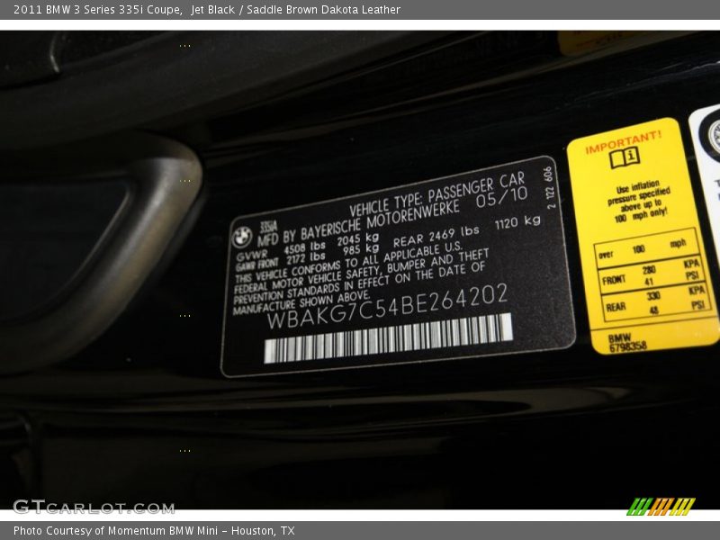 Jet Black / Saddle Brown Dakota Leather 2011 BMW 3 Series 335i Coupe