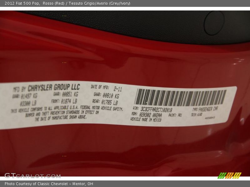 Rosso (Red) / Tessuto Grigio/Avorio (Grey/Ivory) 2012 Fiat 500 Pop