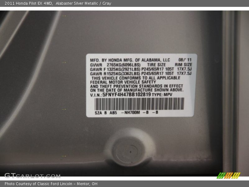 Alabaster Silver Metallic / Gray 2011 Honda Pilot EX 4WD